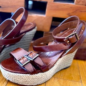 Pre own.  Burberry strap heeled wedges.